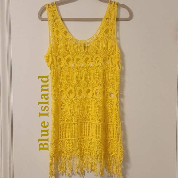 ❣️HP❣️ Blue Island women's yellow crochet fringe swim cover up size: M - Picture 2 of 5